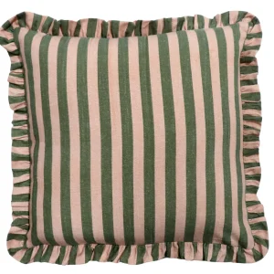 Kussen striped met roezels roze/groen 50x50cm