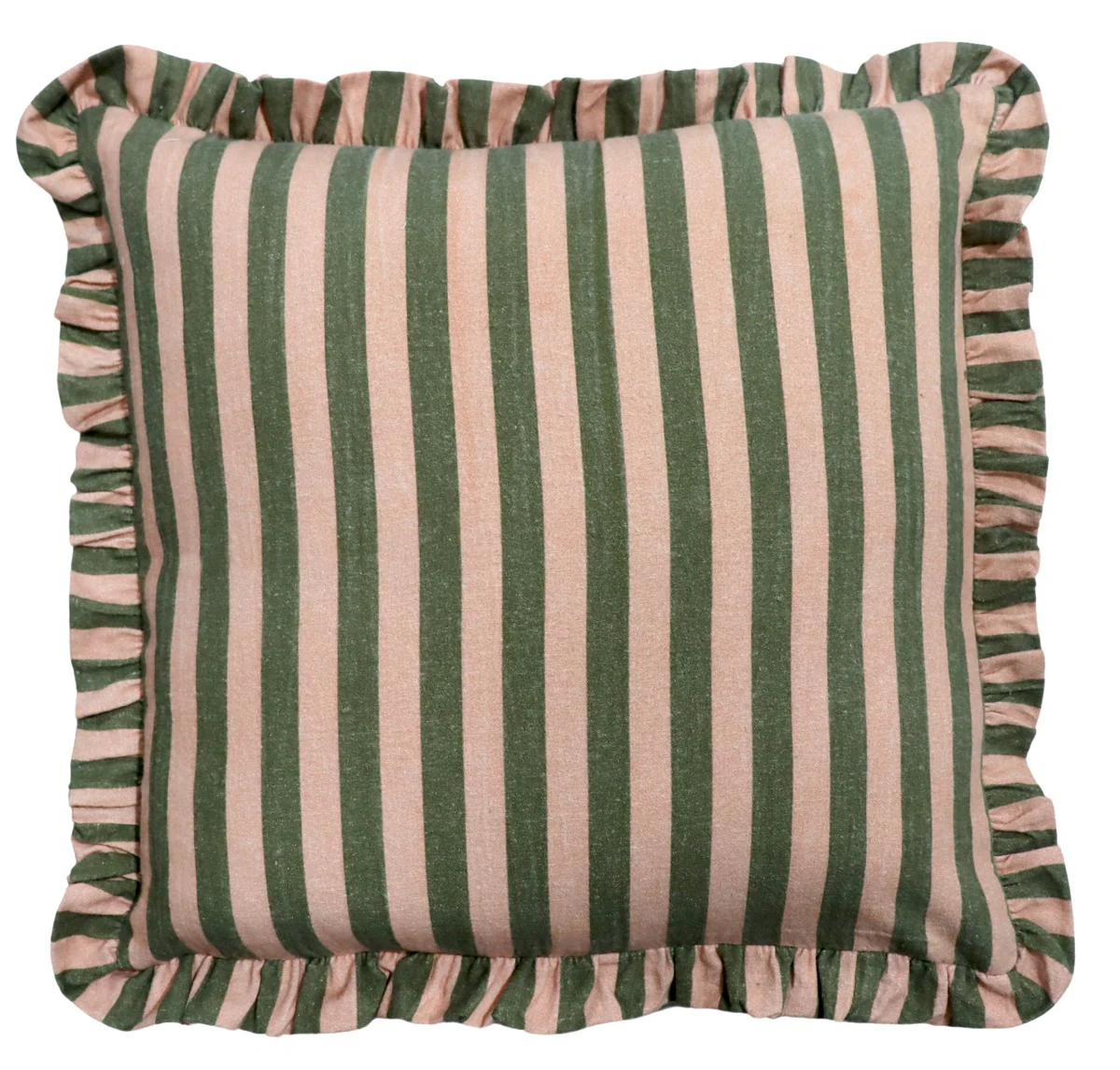 Kussen striped met roezels roze/groen 50x50cm - Afbeelding 2
