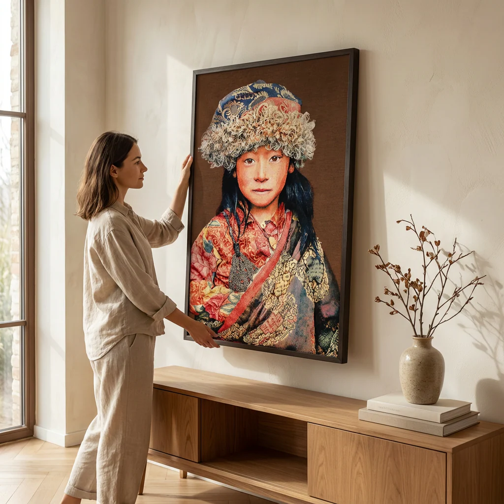 Tibetaanse Meisje Taupe – Geweven Gobelin Wanddecoratie met Lijst - Afbeelding 3