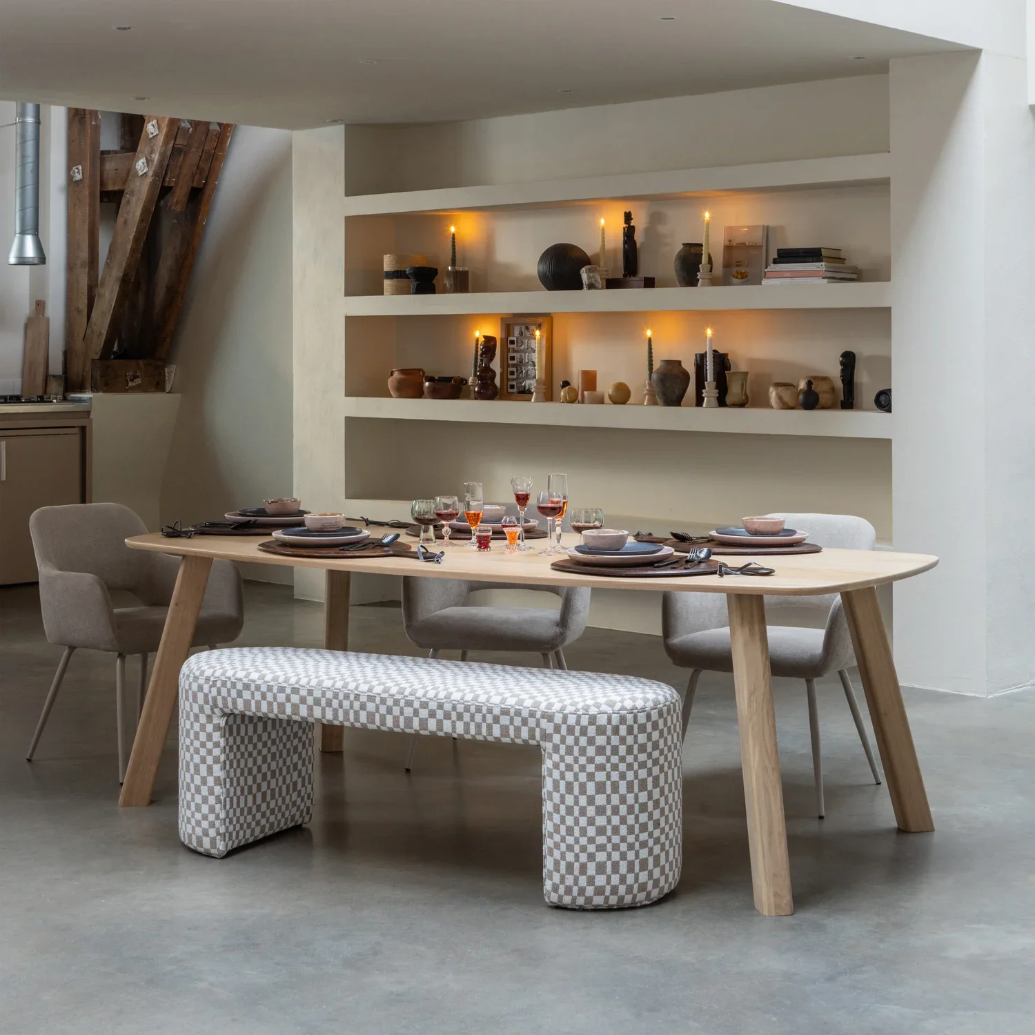 Eetkamerbank WOOOD Jacob ruit dessin zand - Afbeelding 4