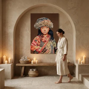 Tibetaanse Meisje Taupe – Geweven Gobelin Wanddecoratie Zonder Lijst