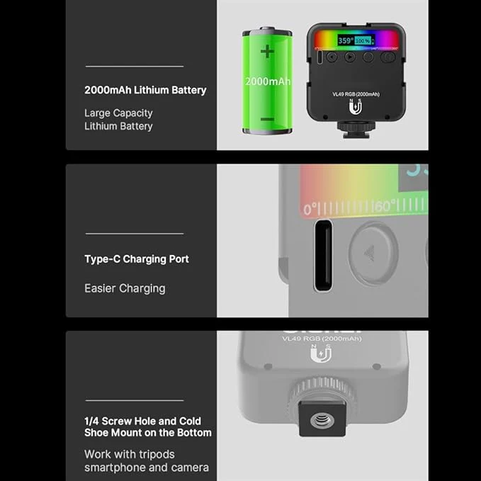 LED Video Lamp - Multi Color RGB - 2000 mAh batterij - Inclusief Mini Statief - Afbeelding 8