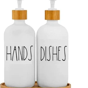 Set van 2 Glazen Zeepdispensers Inclusief Bamboe Tray