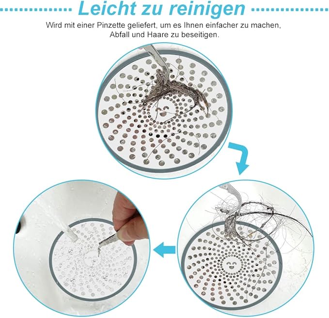 RVS Doucheputje Zeef met Pincet - Haarvanger en Afvoerbeschermer met Grijze Siliconen Rand - Geschikt voor Badkamers en Keukens - 11 cm Diameter - Afbeelding 6