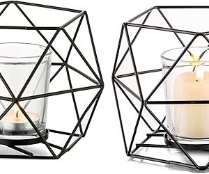 Zwarte Metalen Theelichthouder Set van 2 - Elegante Geometrische Decoratie