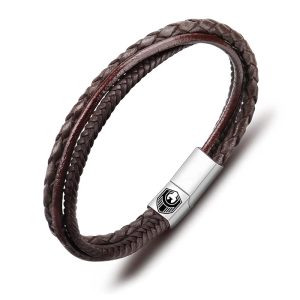 Leren Herenarmband - Gevlochten Leer en Roestvrijstaal - 17,5 cm