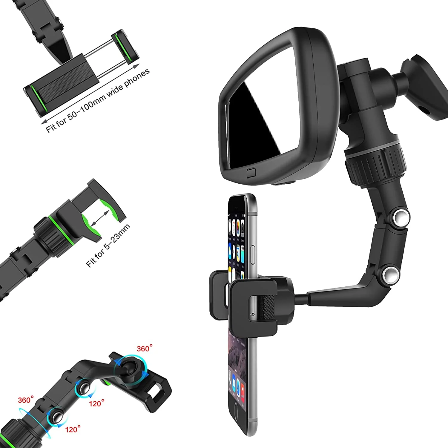 Autodashboard telefoonhouder, auto achteruitkijkspiegelbevestiging met 360 ° roterende veerclip voor smartphones met een breedte van 5-10 cm - Grijs - Afbeelding 4