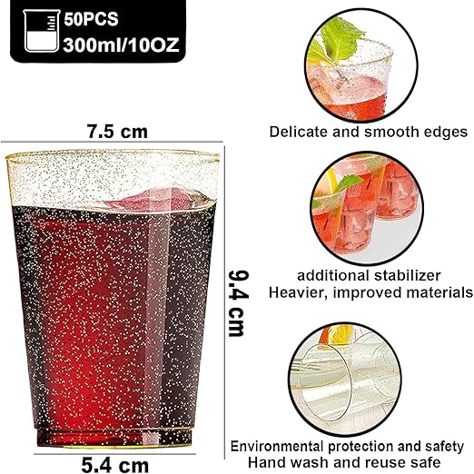 Herbruikbare hard plastic feestglazen – 50 stuks, 300 ml goud design - Afbeelding 5