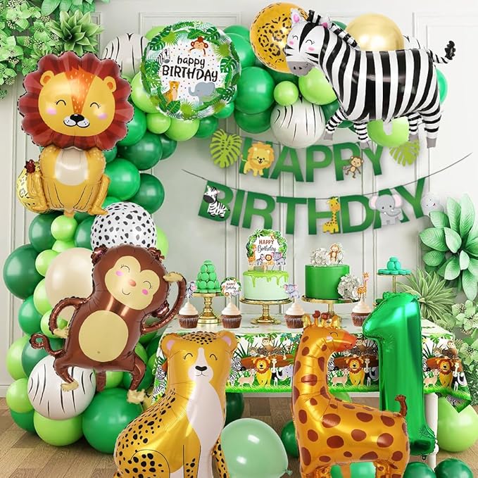 Verjaardagsdecoratie Set - 1 Jaar - Jungle Thema - Ballonnen Vlaggen Taart Banner en meer - Kinderfeest - Afbeelding 5