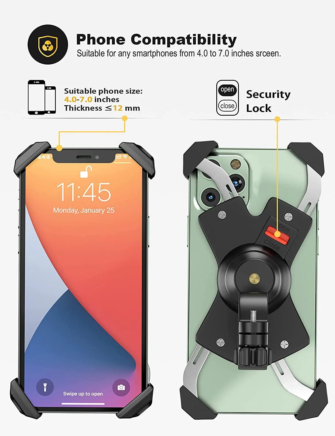 Universele Fiets/Motor Telefoonhouder 4-7 Inch met RVS Klemarmen en 360° Rotatie - Stuurbevestiging - Afbeelding 4