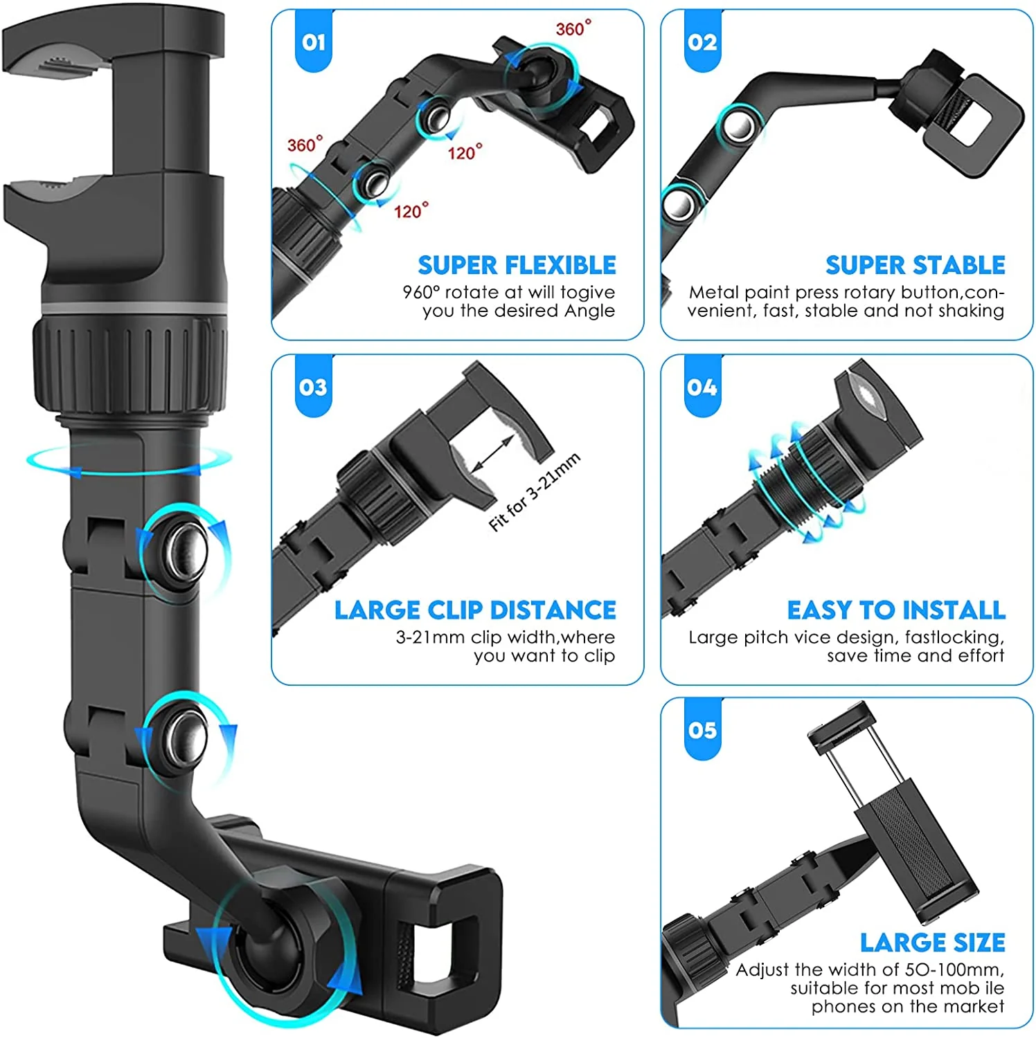 Autodashboard telefoonhouder, auto achteruitkijkspiegelbevestiging met 360 ° roterende veerclip voor smartphones met een breedte van 5-10 cm - Grijs - Afbeelding 5