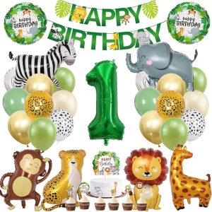 Verjaardagsdecoratie Set - 1 Jaar - Jungle Thema - Ballonnen Vlaggen Taart  Banner en meer - Kinderfeest