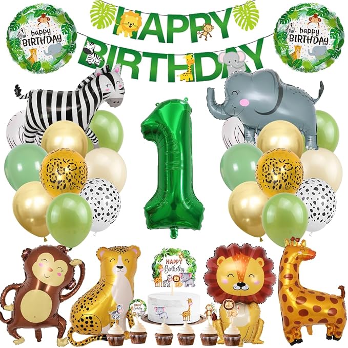 Verjaardagsdecoratie Set - 1 Jaar - Jungle Thema - Ballonnen Vlaggen Taart Banner en meer - Kinderfeest - Afbeelding 2
