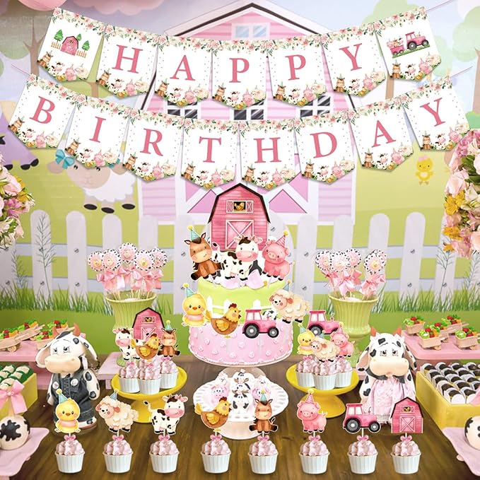 Verjaardagsdecoratie Set - Boerderij Thema - Ballonnen Vlaggen Taart en meer - Meisjesfeest - Afbeelding 3