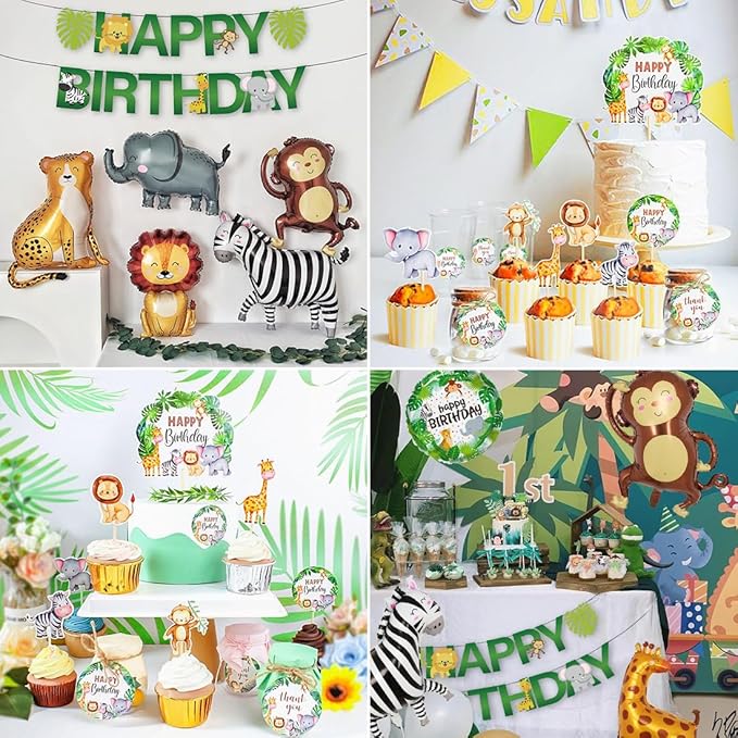 Verjaardagsdecoratie Set - 1 Jaar - Jungle Thema - Ballonnen Vlaggen Taart Banner en meer - Kinderfeest - Afbeelding 8