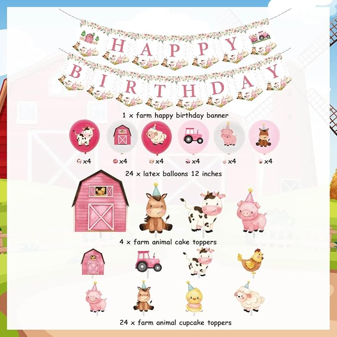 Verjaardagsdecoratie Set - Boerderij Thema - Ballonnen Vlaggen Taart en meer - Meisjesfeest - Afbeelding 8