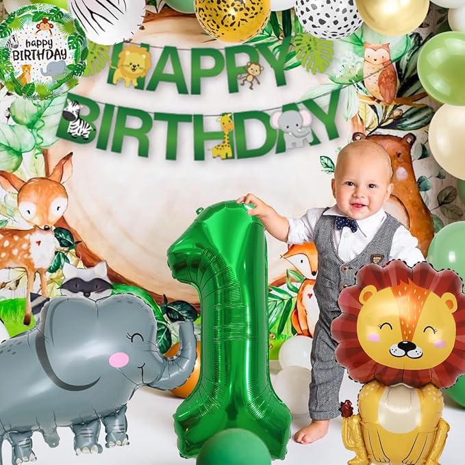 Verjaardagsdecoratie Set - 1 Jaar - Jungle Thema - Ballonnen Vlaggen Taart Banner en meer - Kinderfeest - Afbeelding 6