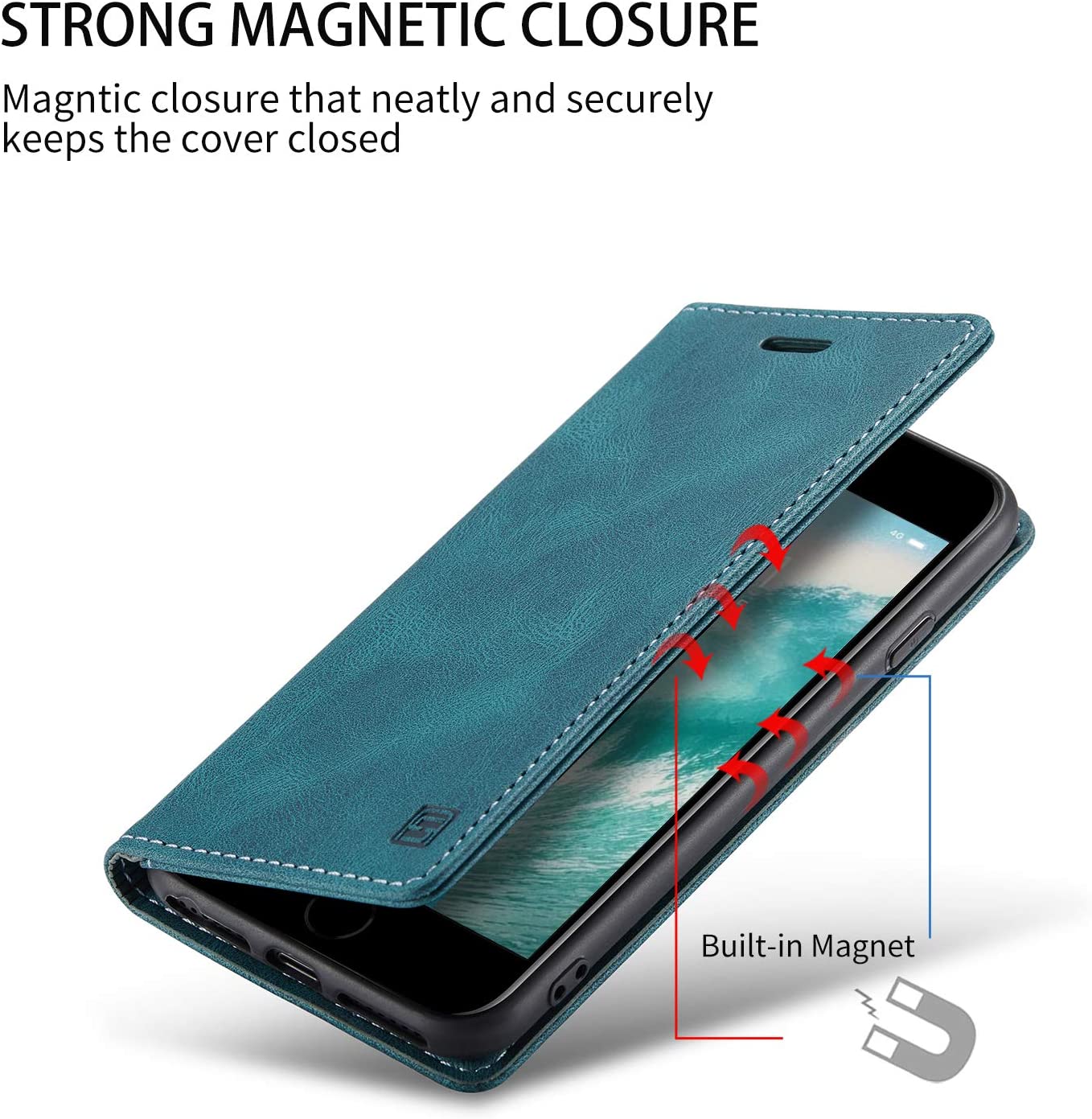 Mobiele telefoonhoesje geschikt voor iPhone 8/7/6/6s/SE2020 - RFID-bescherming - kaartsleuf - geldsleuf - standaard - magnetische flip-case - pu leer - blauw - Afbeelding 6