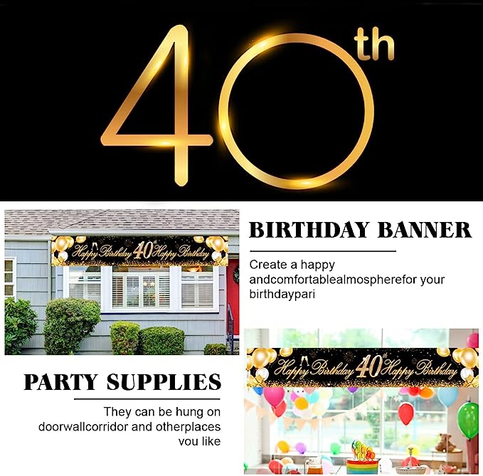 40ste Verjaardagsbanner - Verjaardagsdecoratie - Zwart/Goud - Afbeelding 4