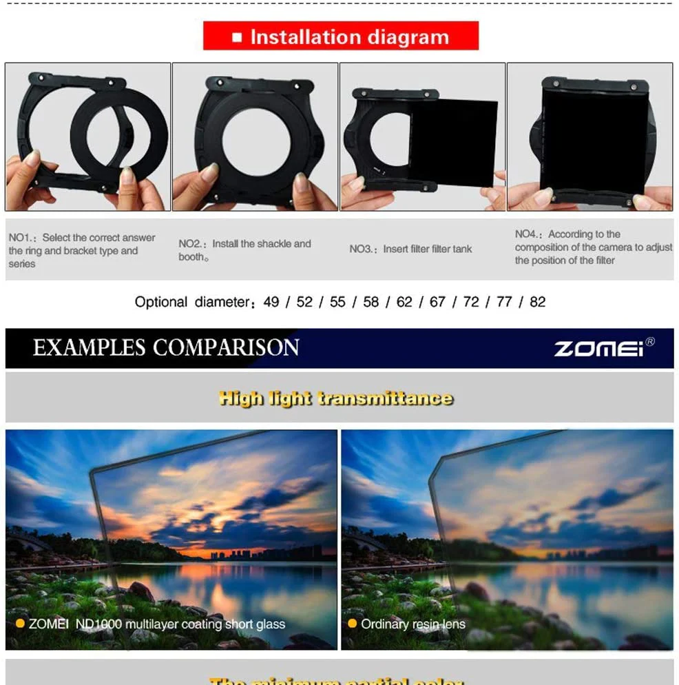 Zomei Square ND-filter 100 mm ND 1000 (10 stops) Ultradun HD 18-laags gecoat SCHOTT-glas PRO Neutral Density Grey - Afbeelding 9