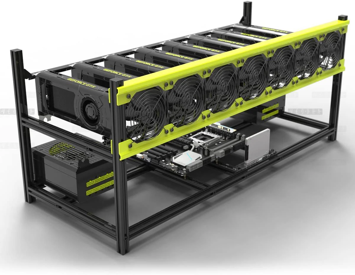 Deluxe V3D 8 BAY Mining Rig Case - Stapelbaar Aluminium Frame met Superieure Koeling - Zwart/Geel - Afbeelding 3
