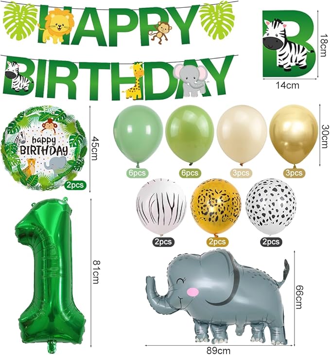 Verjaardagsdecoratie Set - 1 Jaar - Jungle Thema - Ballonnen Vlaggen Taart Banner en meer - Kinderfeest - Afbeelding 3