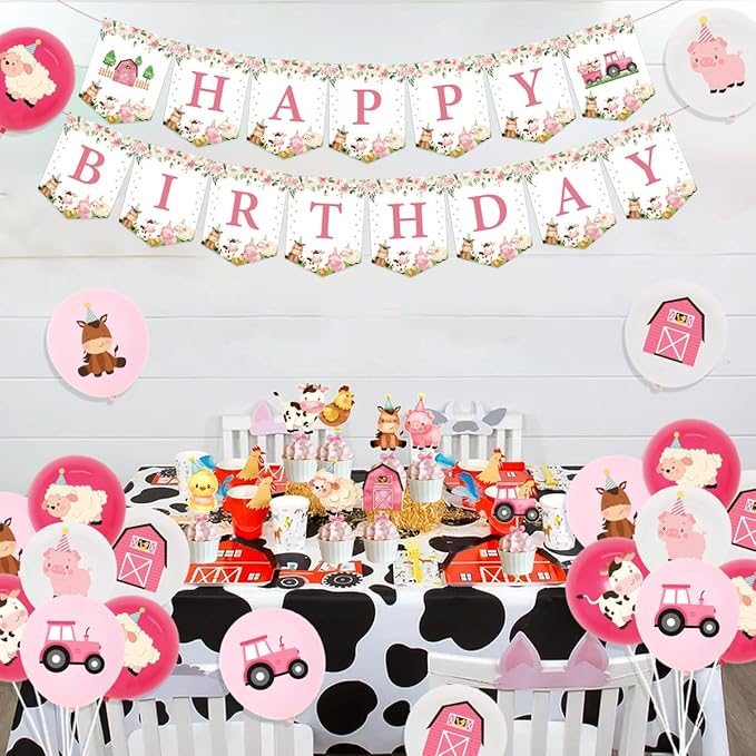 Verjaardagsdecoratie Set - Boerderij Thema - Ballonnen Vlaggen Taart en meer - Meisjesfeest - Afbeelding 4