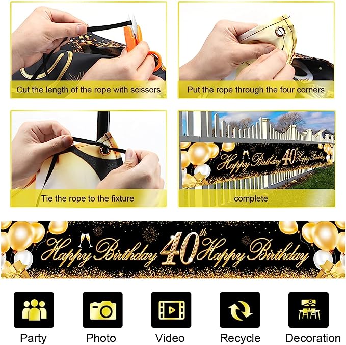 40ste Verjaardagsbanner - Verjaardagsdecoratie - Zwart/Goud - Afbeelding 7