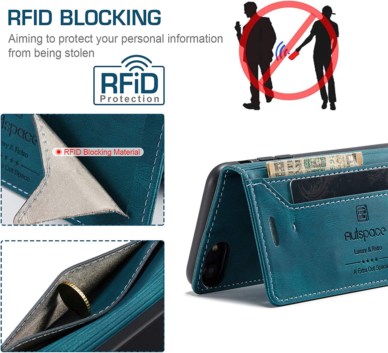 Mobiele telefoonhoesje geschikt voor iPhone 8/7/6/6s/SE2020 - RFID-bescherming - kaartsleuf - geldsleuf - standaard - magnetische flip-case - pu leer - blauw - Afbeelding 8