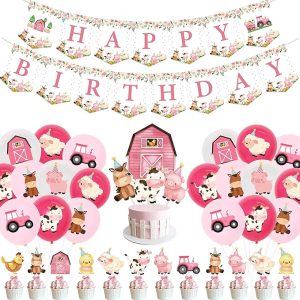 Verjaardagsdecoratie Set - Boerderij Thema - Ballonnen Vlaggen Taart en meer - Meisjesfeest