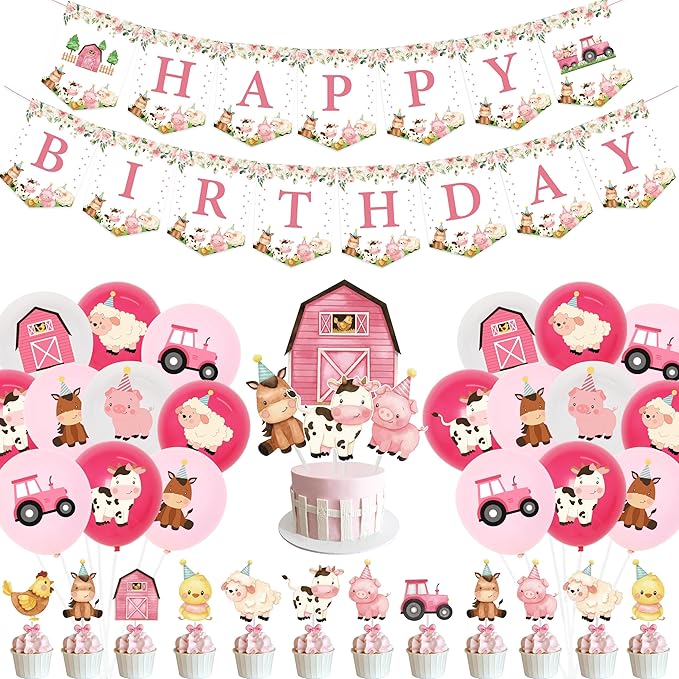 Verjaardagsdecoratie Set - Boerderij Thema - Ballonnen Vlaggen Taart en meer - Meisjesfeest - Afbeelding 2