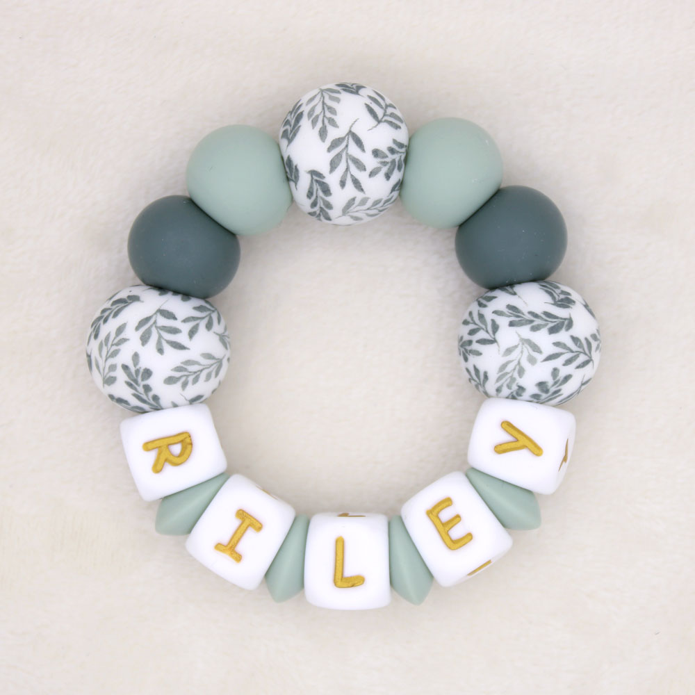 Bijtring met naam | Riley | Groene blaadjes, Donker Oudgroen, Oudmint - Afbeelding 2