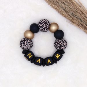 BIJTRING met naam | Panterprint, Matgoud, Zwart