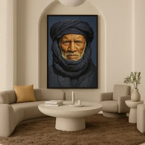 Wandpaneel - schilderij Tuarag Man Blauw Geweven met lijst