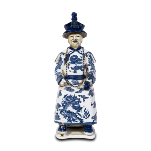 Zittende Chinese Keizer – Blauw Wit Keramiek Beeld – 30 cm