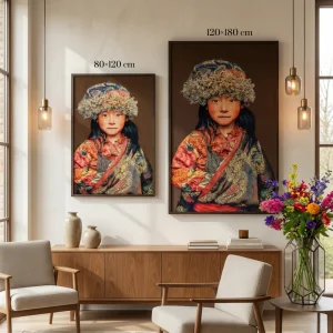 Tibetaanse Meisje Taupe – Geweven Gobelin Wanddecoratie met Lijst