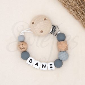 SPEENKOORD met naam | Dani | Olifantje, Grijs, Lichtgrijs, Hout