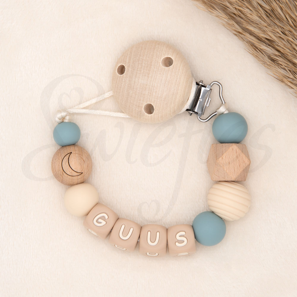SPEENKOORD met naam | Guus | Maan, Grijsblauw, Crème, Hout - Afbeelding 2