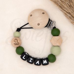 Speenkoord met naam | Liam | Draakje, Dennengroen, Vergrijsd Groen, Hout