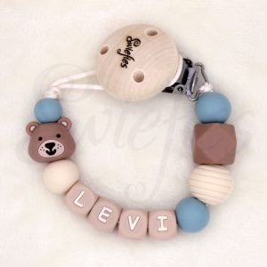 Speenkoord met naam | Beer | Levi | Grijsblauw Beige