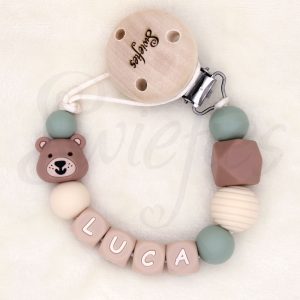 Speenkoord met naam | Beer | Luca | Oudgroen Beige