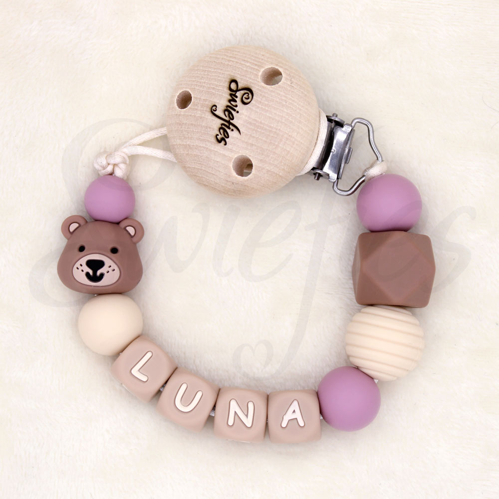 Speenkoord met naam | Beer | Luna | Oudroze Beige