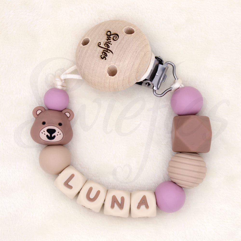 Speenkoord met naam | Beer | Luna | Oudroze Crème - Afbeelding 2