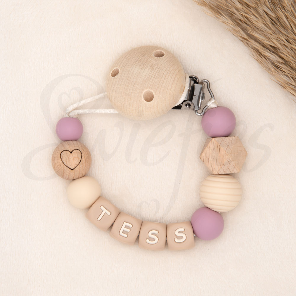 SPEENKOORD met naam | Tess | Hart, Oudroze, Crème, Hout - Afbeelding 2
