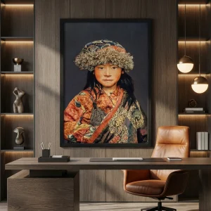 Tibetan Child Blue – Gobelin Wanddecoratie Met Lijst | Luxe Geweven Kunstwerk