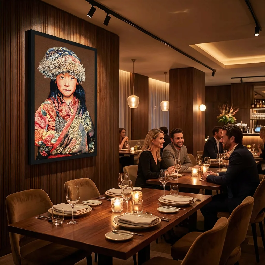 Tibetaanse Meisje Taupe – Geweven Gobelin Wanddecoratie met Lijst - Afbeelding 5