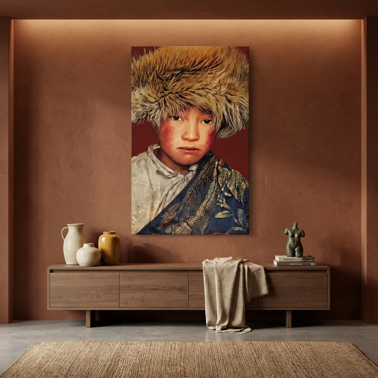 Geweven Wandpaneel Tibetan Boy – Rood | Zonder Lijst - Afbeelding 2