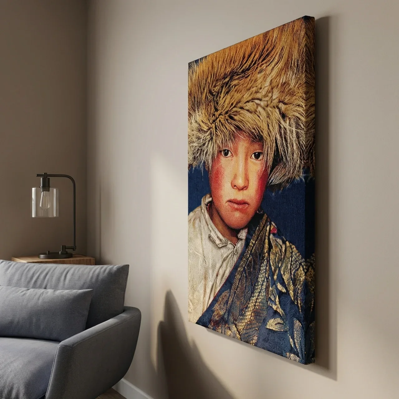 Tibetaans Jongen – Blauw | Geweven Wandpaneel Zonder Lijst - Afbeelding 5