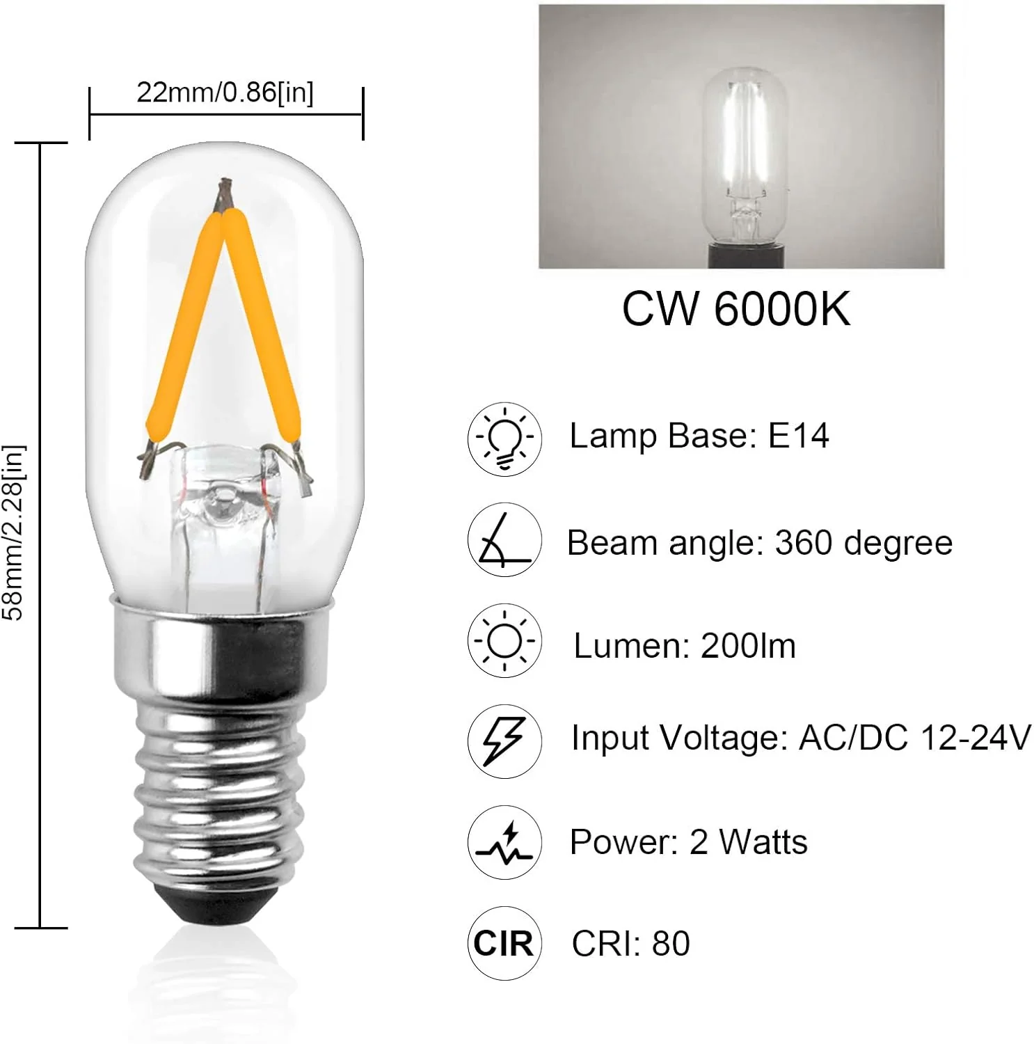 Koelkastlampen Set - E14 LED lamp 12–24V koud wit 6000K - 2W T22 buis – 2 stuks - Afbeelding 5